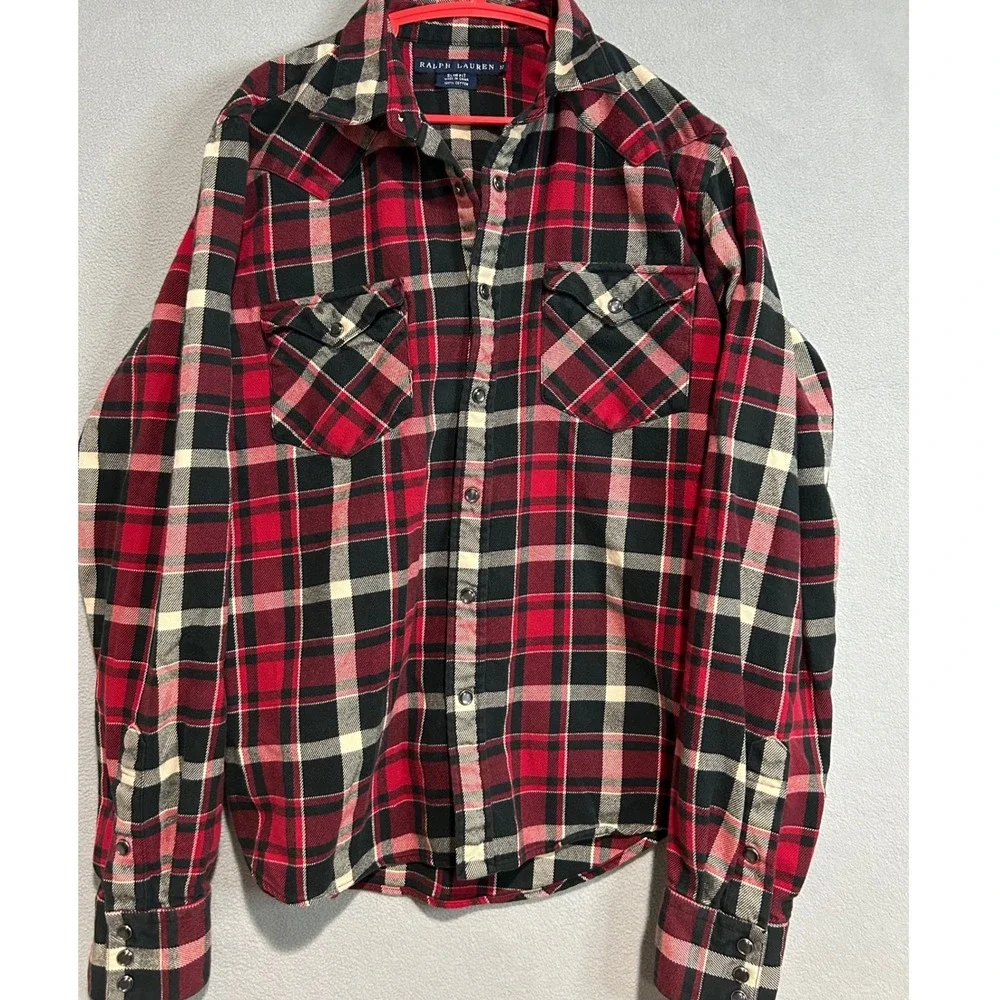 Ralph Lauren Snap Front Plaid Shirt Kids Size 10‎ Red Black Slim Fit Western
